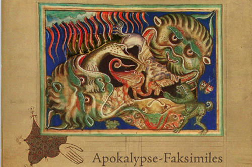 Ausschnitt einer Miniatur eines ausgestellten Faksimiles: Lambeth Palace Apokalypse