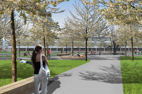 Das Modell des Neubaus zeigt im Hintergrund die "Holzlaube", die sich rechts neben der "Silberlaube" befindet. Der Kirschbaumhain lädt Studierende und Wissenschaftler zum Verweilen ein.