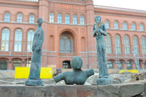 Discovered during excavation in front of Berlin City Hall: Sculptures by Gustav Heinrich Wolff (standing robed figure, left); Naum Slutzky (female bust, center); unidentified figure