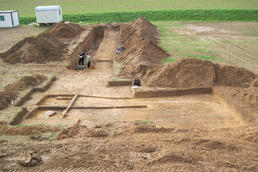 Partial overview of the excavation in Leimbach near Nordhausen, south of the Harz Mountains in Thuringia.