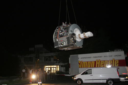 Because of its size, the MRI unit had to be hoisted up and lowered into the new building through the roof in 2009.