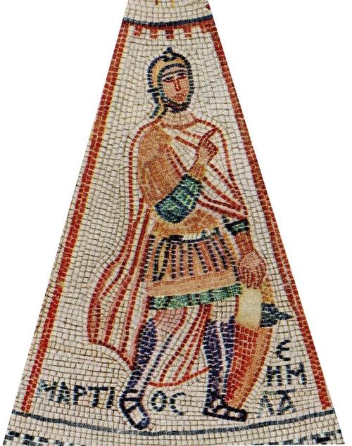 Dieses Kalendermosaik aus dem Kloster Beth Shean (Skythopolis) in Israel stammt aus dem 6. Jahrhundert. Als Verkörperung des Monats März (Mars) wird ein Soldat gezeigt, der zum Schwur die Hand hebt.