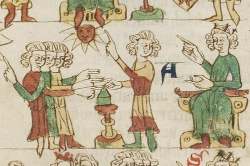 Auschnitt aus dem „Sachsenspiegel“, einem Rechtsbuch des 13. Jahrhunderts. Mehrere Personen schwören, indem sie die Hand auf ein Kästchen legen, in dem sich die Reliquien eines Heiligen befinden. Rechts im Bild ist der König dargestellt.
