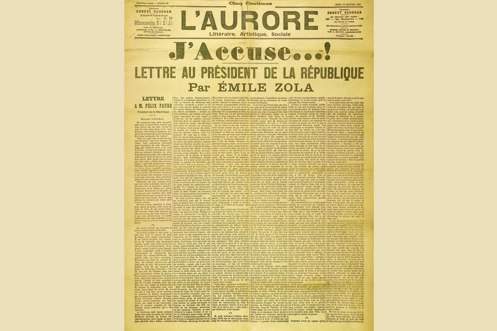 Die Titelseite der von Georges Clemenceau herausgegebenen Zeitung L’Aurore vom 13. Januar 1898 mit Émile Zolas J’accuse...! überschriebenem offenen Brief an Staatspräsident Faure zur Dreyfus-Affäre.