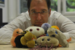 Peter Seeberger with a collection of hazardous stuffed animals: the pathogen of pneumonia (orange at left), hospital infection (front left), anthrax (white rear), gastritis (brown front), toxoplasmosis (front right), diarrhea (purple rear).