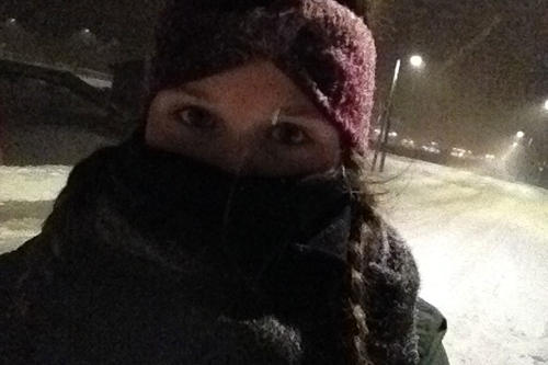 Snowstorm selfie: Janna Einöder in the middle of one of many snowstorms.