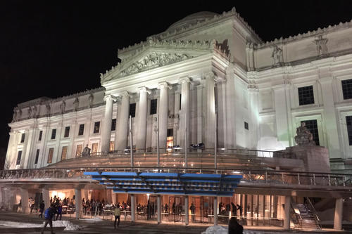 The neoclassical building, where the collections of the Brooklyn Museum are housed, as seen at night.