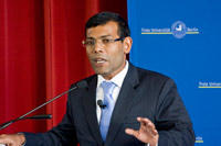 Mohamed Nasheed during his visit at Freie Universität. The entire lecture is available <a href="http://www.fu-berlin.de/campusleben/campus/2010/100311_malediven_vortrag/index.html">on video</a>.