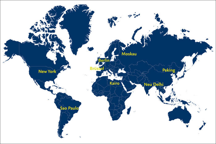 Das Netzwerk der Freien Universität umfasst insgesamt sieben Verbindungsbüros in Brüssel, Kairo, Neu-Delhi, New York, Moskau, Peking und São Paulo.