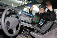Cameras mounted on the helmet  capture the eye movements of the  driver, which are converted into control signals for the steering  wheel.
