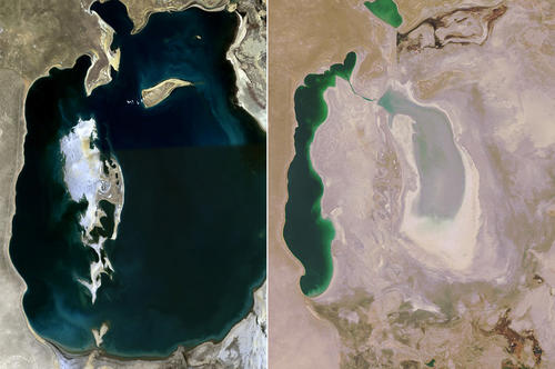 Einst einer der größten Binnenseen der Erde: Der Aralsee in Zentralasien war noch im Sommer 1989 (links) gut gefüllt. Das Bild rechts zeigt Überbleibsel des Sees im Oktober 2008.