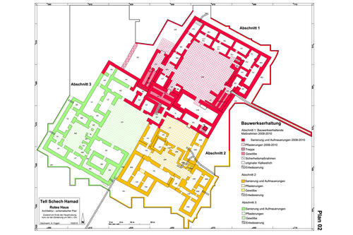 Das „Rote Haus“, assyrische Elitenresidenz ca. 630-550 v.Chr.; Plan zur Bauwerkserhaltung, rot = ausgeführt 2008-2010. (Abb. 03)