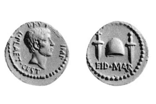 Denar mit Darstellung des M. Iunius Brutus 43 bis 42 vor Christus.