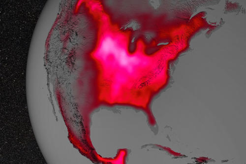 Fluoreszierende Felder: Das Foto zeigt eine Satellitenaufnahme von Nordamerika, auf der man gut den Getreidegürtel als hell leuchtenden Bereich in derMitte des amerikanischen Kontinents sehen kann.