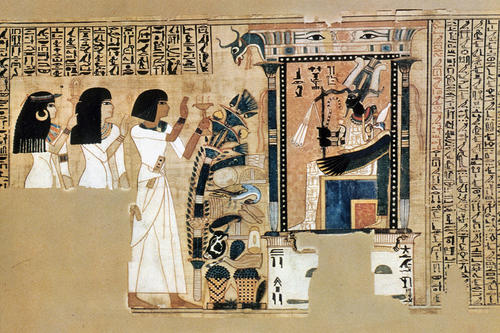 Osiris, der Gott der Mumifizierung und der Toten, wird auf dieser Papyrus-Malerei (1570-715 v. Chr.) angebetet und ihm wird ein Opfer dargebracht.