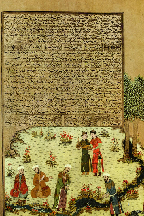 Miniatur aus einer Handschrift des Shahname („Königsbuch“) aus dem 16. Jahrhundert. Sie zeigt den sogenannten unbekannten Dichter unter den Poeten am Hof Mahmuds von Ghazna.