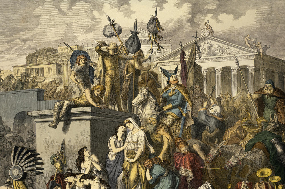 Die zweite Plünderung Roms 455 n. Chr. durch die Vandalen als Folge der Völkerwanderung, wie der Maler Heinrich Leutemann sie um 1865 festhielt. Bis heute fördern solche Bilder das Gefühl von Chaos und Untergang in der Spätantike.