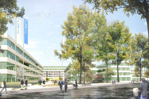Blick in die Zukunft: Das ehemalige US-Militärhospital soll ab 2018 saniert und 2020 als FUBIC (in der Simulation das Quergebäude in der Flucht des Bildes) wiedereröffnet werden.