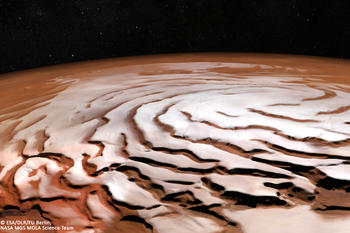 An icy north pole: Even in the summer half of the year, when most of the pictures for this mosaic were taken, temperatures at Mars’s north pole hover below minus 50 degrees Celsius.