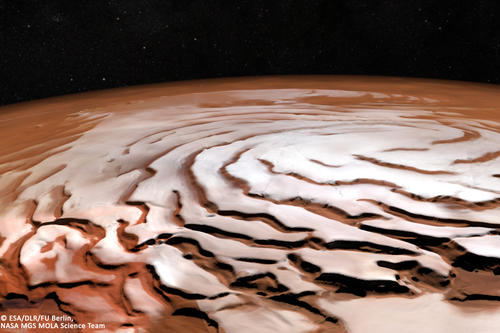 Eisiger Nordpol: Selbst in den Sommerhalbjahren, aus denen die Aufnahmen für dieses Mosaikbild überwiegend stammen, herrschen am Marsnordpol Temperaturen von unter minus 50 Grad Celsius.