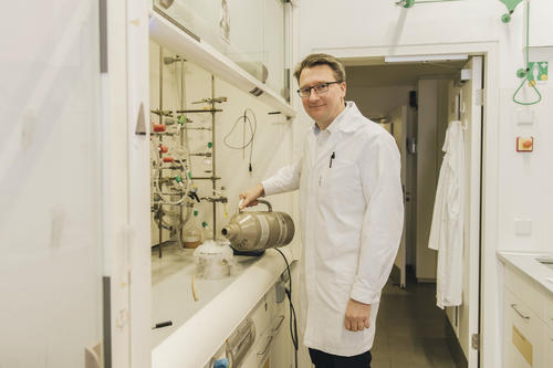 Chemistry professor Sebastian Hasenstab-Riedel studies innovative compounds involving fluorine, chlorine, bromine, and iodine.