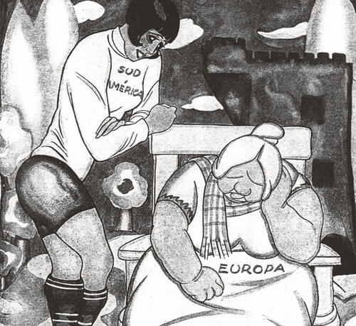 Karikatur aus der Zeitschrift „Sucesos“ (1928). Die alte Dame Europa sagt zum Fußball-Jungstar Südamerika:  „Es ist nur natürlich, dass Sie mehr Tore erzielen als ich, mein Töchterchen. Deshalb gehört der Ball Ihnen".