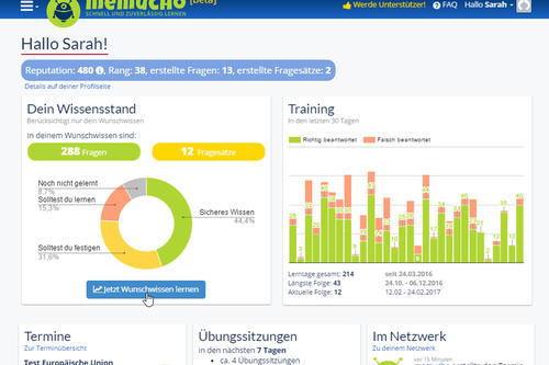 Memucho integriert soziale Interaktion und Belohnungen in den Lernplan.
