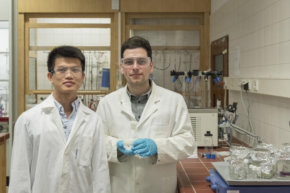 Im Co-Working Lab der Freien Universität arbeiten Zewang You (links) und Ayberk Coşkun (rechts) an einem innovativen Material für antimikrobielle Wasserfilter.