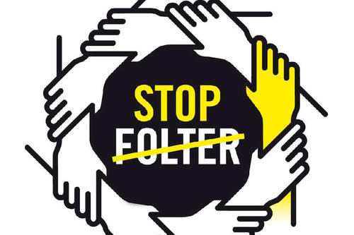 Das offizielle Logo zur STOP FOLTER-Kampagne, die am 26. Juni 2014, dem Tag zur Unter­stützung von Folter­opfern, beginnt.