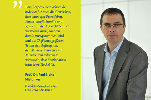 „Was verbinden Sie persönlich mit der Auszeichnung familiengerechte Hochschule?“ - Das Bild zeigt den Ausschnitt eines der Plakate, die das Familienbüro bei der Langen Nacht der Wissenschaften 2014 präsentierte.
