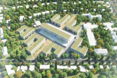 Blick aus der Vogelperspektive auf das geplante Technologie- und Gründungszentrum Südwest. Das Architekturbüro "Numrich Albrecht Klumpp Gesellschaft von Architekten mbH" wurde mit dem städtebaulichen Entwurf für den Komplex beauftragt.