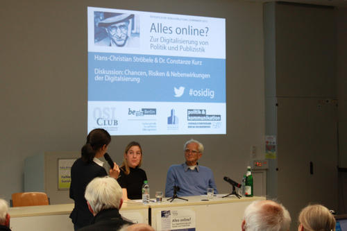 Prominente Gäste bei der Ringvorlesung am Otto-Suhr-Institut: Constanze Kurz, Sprecherin des Chaos Computer Clubs, und Hans-Christian Ströbele, Abgeordneter von Bündnis 90 / Die Grünen im Deutschen Bundestag.