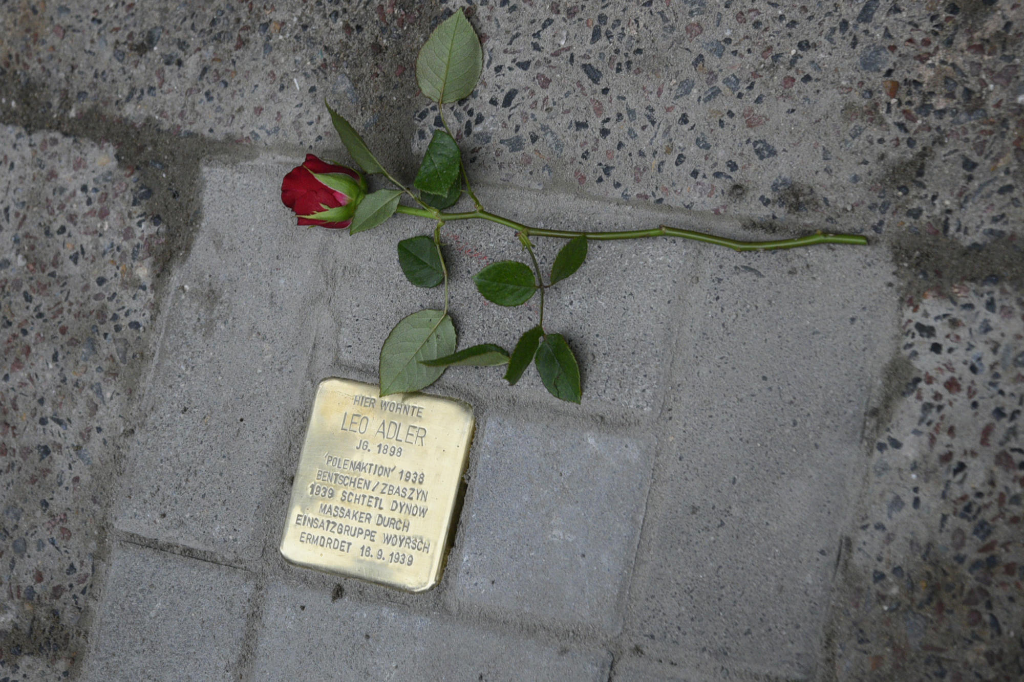 Der eingesetzte Stolperstein für Leo Adler (1898-1939) in der Heinrich-Heine-Straße in Kreuzberg.