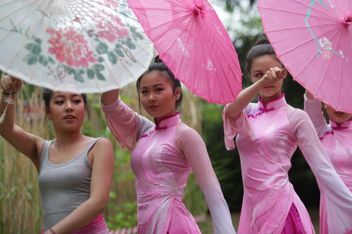 Asiatischer Tanz bei der Langen Nacht der Wissenschaften 2015: Die Gruppe „Wasserlilien“ zeigte am Konfuzius-Institut einen traditionellen Fächertanz.