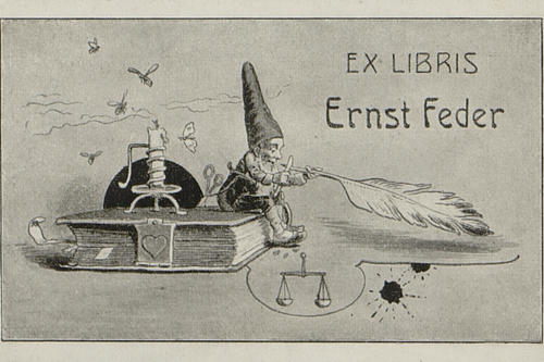 Exlibris Ernst Feder: Der Schriftsteller und Journalist (1881-1964) floh 1933 aus Deutschland. Im Besitz der UB befindet sich ein Buch aus seiner mehrere tausend Bände umfassenden Bibliothek. Eine Rückgabe an Erben konnte bislang nicht erfolgen.