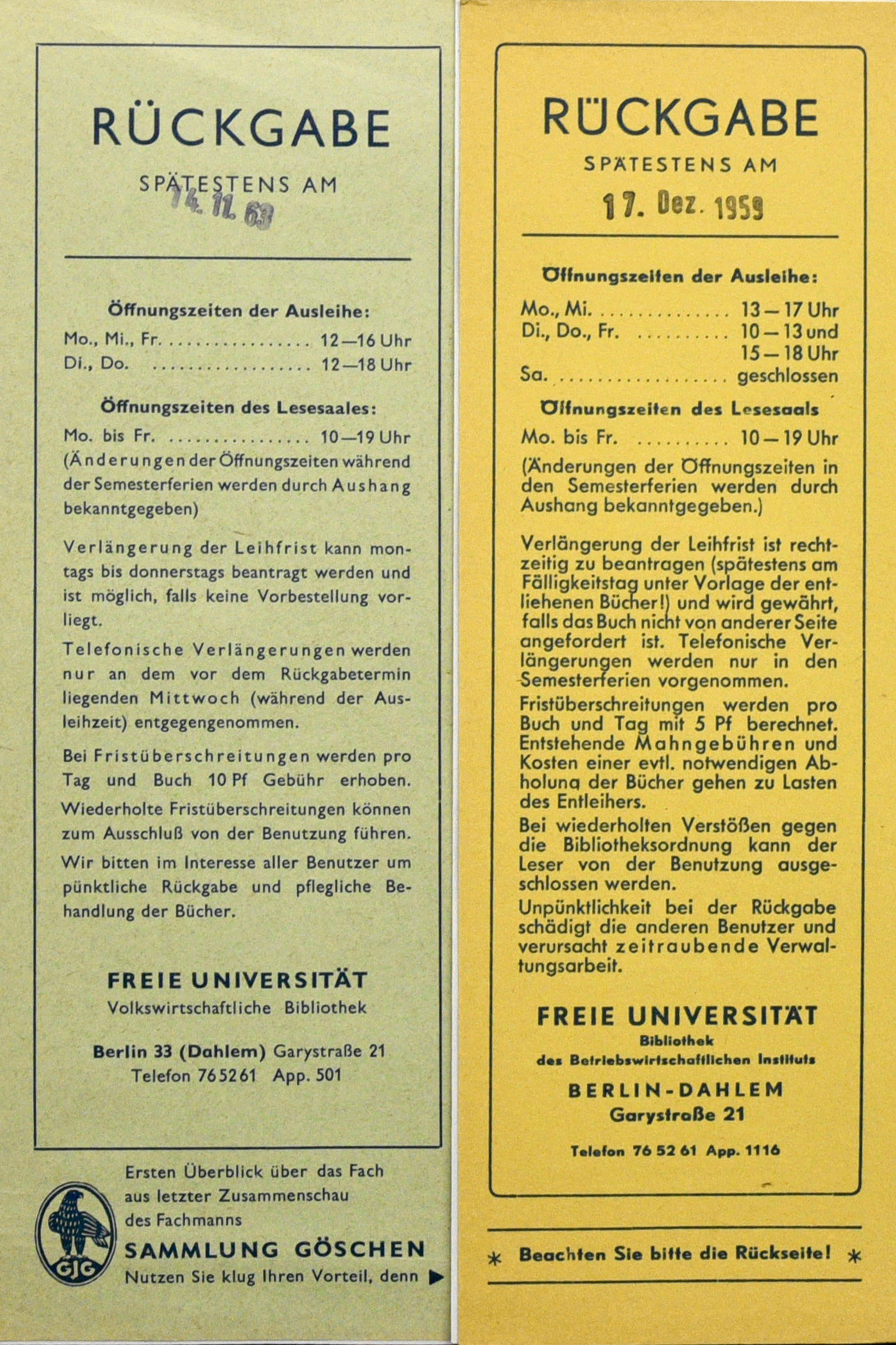Leihscheine aus den 1950er und 1960er Jahren – zu dieser Zeit gab es noch getrennte Bibliotheken für Volks- und Betriebswirtschaft.
