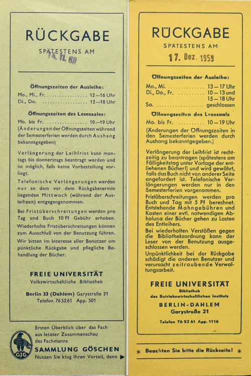 Leihscheine aus den 1950er und 1960er Jahren – zu dieser Zeit gab es noch getrennte Bibliotheken für Volks- und Betriebswirtschaft.
