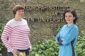 Die Soziologinnen Tamara Martsenyuk (r.) und Tetiana Kostiuchenko kamen im März als Kriegsflüchtlinge aus der Ukraine nach Berlin. In Dahlem erhielten sie ein dreimonatiges Überbrückungsstipendium aus einem neuen Fonds der Freien Universität.