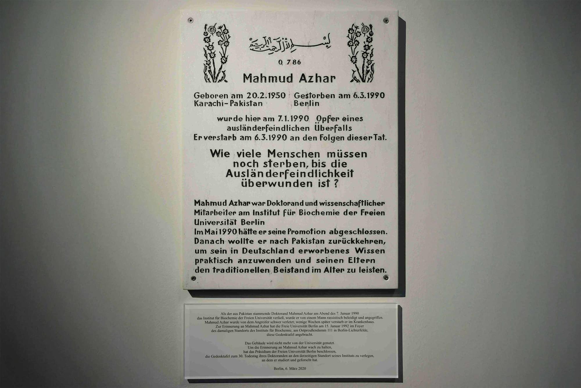 Gedenktafel für Mahmud Azhar.