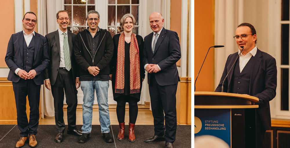 Gruppenfoto (v.l.n.r.) Prof. Dr. Georg Bertram, Dr. Hans Gerhard Hannesen, Preisträger Abbas Khider, Laudatorin Insa Wilke und Berlins Regierender Bürgermeister Kai Wegner / Prof. Dr. Georg Bertram am Rednerpult