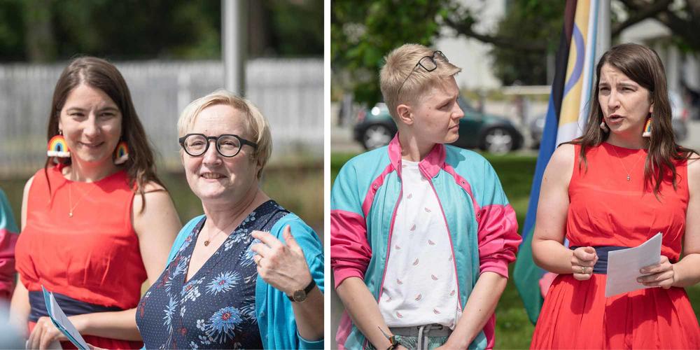 Professorin Verena Blechinger-Talcott, Erste Vizepräsidentin der Freien Universität (rechts, im linken Bild), sowie Kris Lewandowski und Pia Linscheid, Ansprechpersonen von Queer@FU.