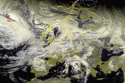 Satellite image of Hurricane Kyrill, which swept over Europe in January 2007 and whose gusts reached wind speeds of up to 225 km / h.