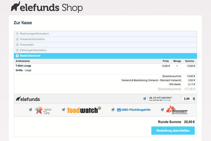 Spenden nach dem elefunds-Prinzip: Beim Online-Shopping erhält der Käufer die Möglichkeit, den  Rechnungsbetrag aufzurunden, um die Differenz an eine gemeinnützige Organisation seiner Wahl zu spenden.