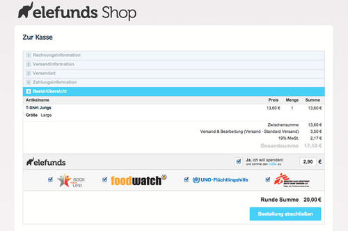 Spenden nach dem elefunds-Prinzip: Beim Online-Shopping erhält der Käufer die Möglichkeit, den  Rechnungsbetrag aufzurunden, um die Differenz an eine gemeinnützige Organisation seiner Wahl zu spenden.
