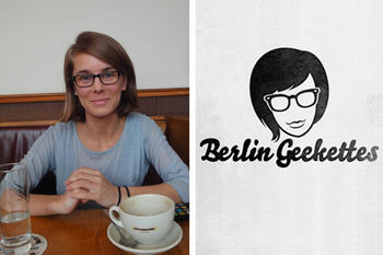 Maria Spiering wirkt nicht nur wie die Verkörperung des Berlin Geekettes-Logos (rechts), sondern ist ein weiblicher „geek“, ein Computerfreak.
