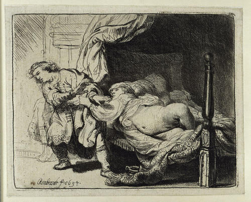 Ausschnitt aus Rembrandt, Josephs Verführung, Radierung, 1634, Kupferstichkabinett, Staatliche Museen zu Berlin