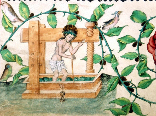 Christus in der Kelter; in: Kuttenberger Kantionale; Wien, Österreichische Nationalbibliothek, Musiksammlung