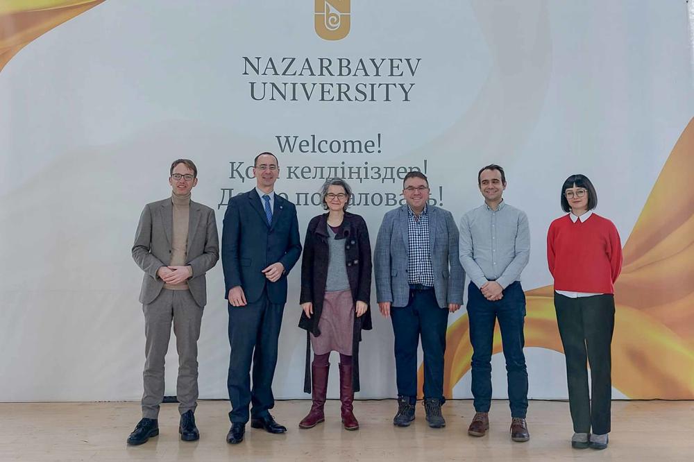 Delegierte des Osteuropa-Instituts an der Nazarbayev Universität in Astana (v. l. n. r.): Robert Kindler, Tobias Stüdemann, Susanne Strätling, Theocharis Grigoriadis, Clemens Günther und Ruslana Bovhyria