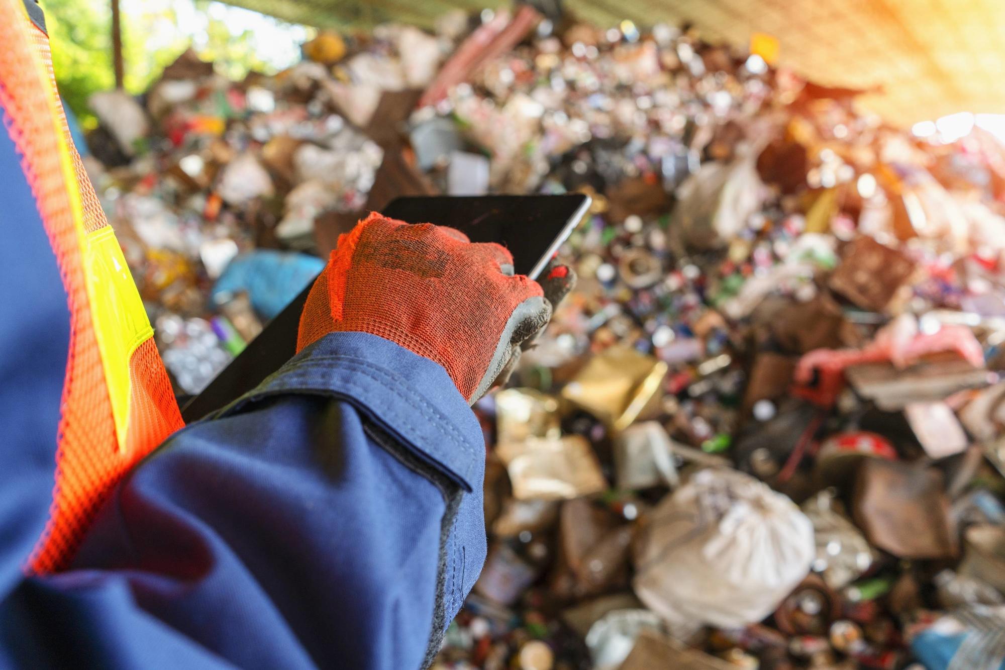 Eine Person in Warnweste und Arbeitshandschuhen hält ein Tablet und steht vor einem großen Haufen unsortierten Mülls in einer Recyclinganlage. Die Szene deutet auf eine Inspektion oder Datenerfassung im Bereich Abfallwirtschaft hin.