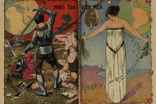 mors tua: „Dein Tod ist mein Leben“ – die Zeichnung von José Foradori vom Herbst 1914 stellt die Grausamkeit Europas einem friedlichen Lateinamerika gegenüber. © Ibero-Amerikanisches Institut PK